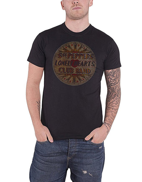 Beatles Vintage Drum Head Sgt. Pepper Logo Men's Slimfit T-shirt, Black (Large)