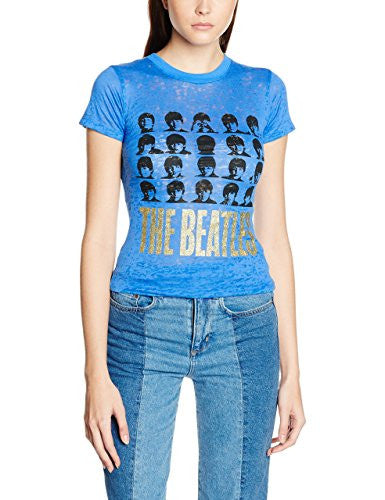 Beatles Hard Days Night Faces Women's Burnout T-shirt, Blue (Large)