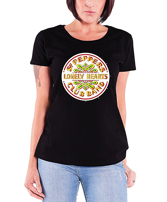 Beatles Sgt Pepper Drum Logo Women's Skinny Fit T-Shirt, Black (Small)