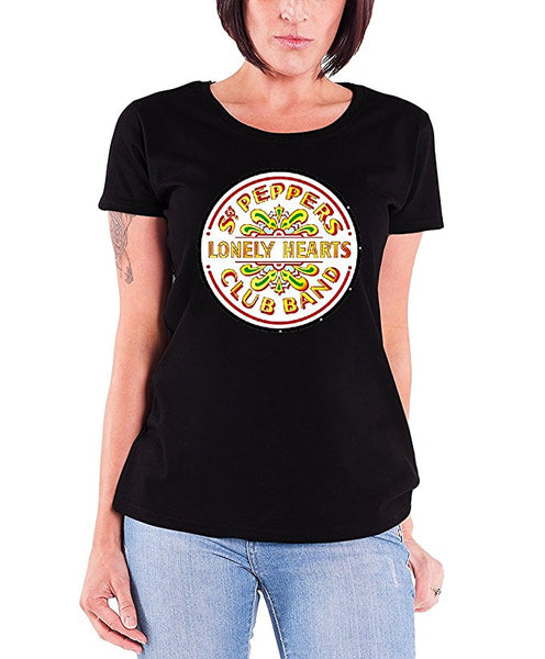 Beatles Sgt Pepper Drum Logo Women's Skinny Fit T-Shirt, Black (Large)