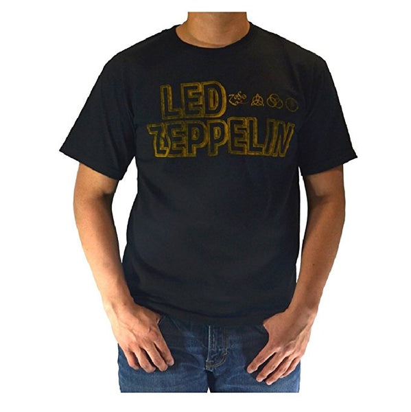 Led Zeppelin Square Gold Logo Black T-shirt (Small)