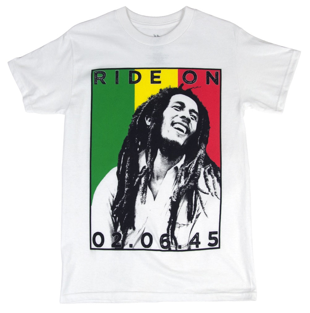 Bob Marley Ride On Rasta Stripes White T-Shirt (2XL)