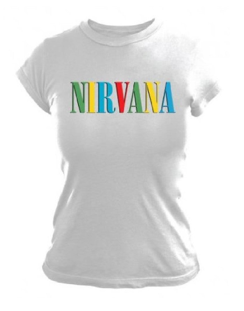 Nirvana Color Logo Juniors T-Shirt, White (X-Large)