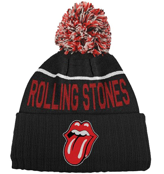 Rolling Stones Pom Beanie Winter Hat, Embroidered Classic Tongue