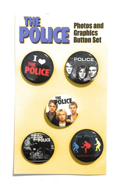 Police 5 button Set Collectible Pins Photos Synchronicity, On Stage