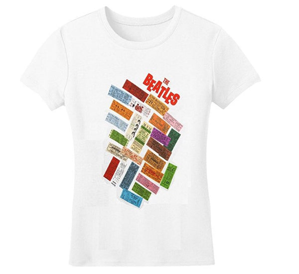 Beatles 'Stacked Tickets' Ladies White T-Shirt (Large-Juniors)